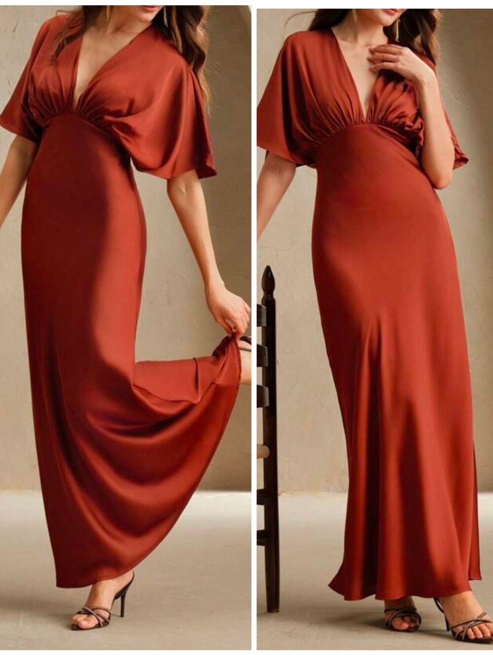 New Flowy Satin Dolman Sleeve High Waist Maxi Dress Rust